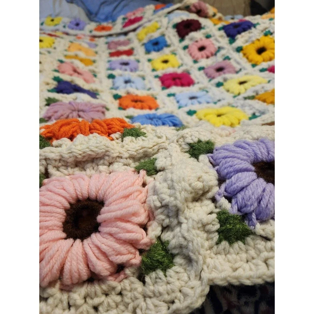 Vintage Crochet Afghan Throw Blanket Brwn unique Gran handmade Boho Hippie 72x75
